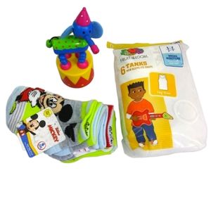 Boys Bundle NWT Fruit of the Loom Tanks/Disney Junior Socks/Elephant Toy